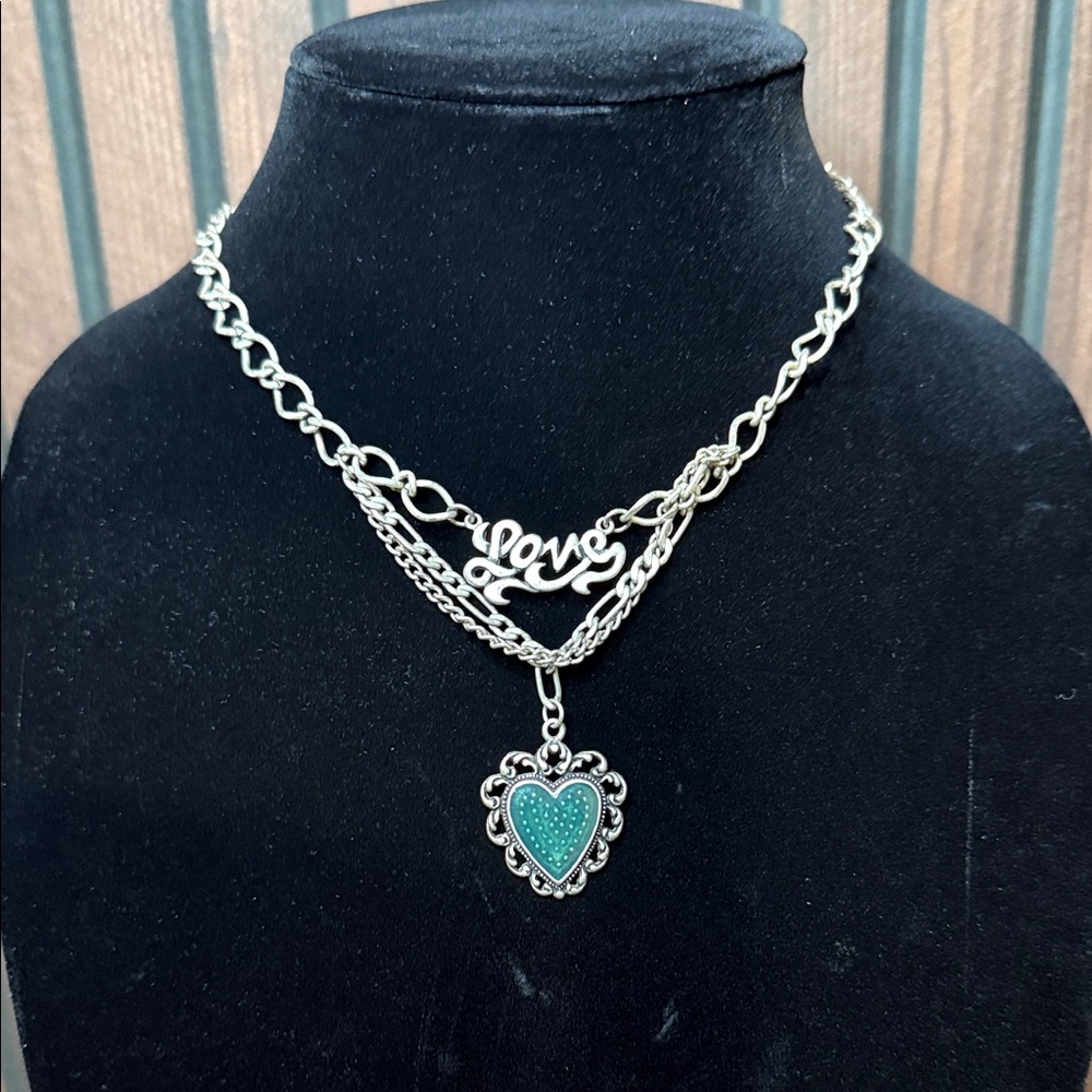 Silver Tone “Love” Layered Necklace | Turquoise Heart Charm | Adjustable Chain